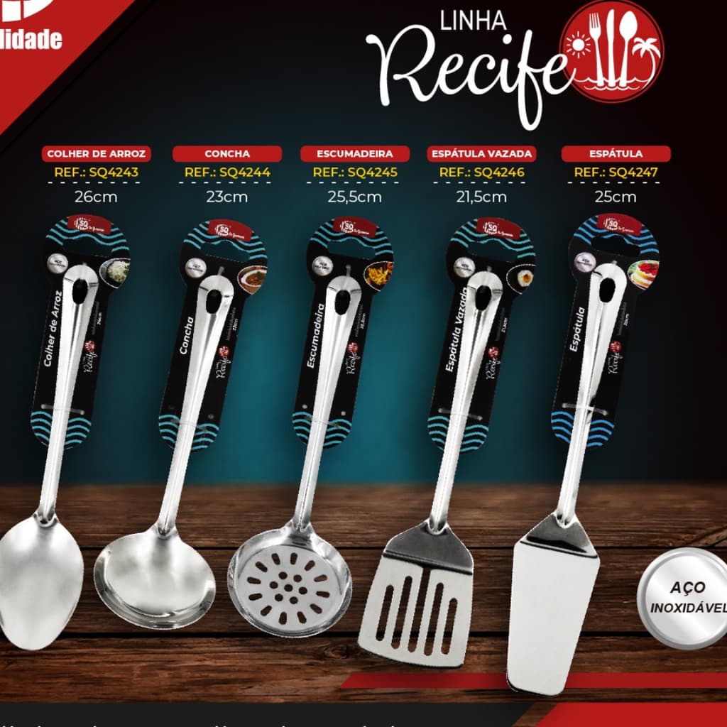Kit 06 Utensílios de Cozinha Linha Recife 100% Inox 21cm Com Pegador
