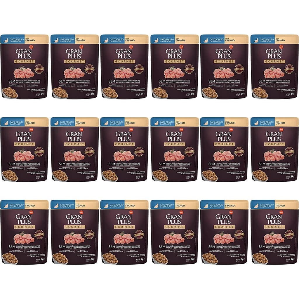 Caixa 18un Ração Úmida Sachê GranPlus Gourmet Gatos Adultos Castrados Frango 85g