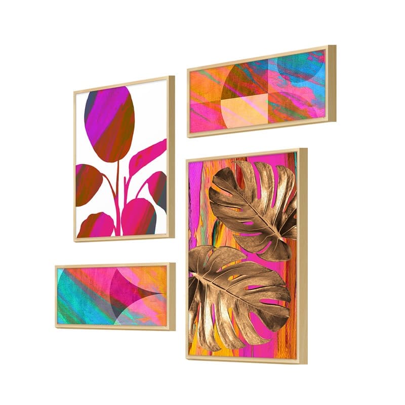 Kit 4 Quadros Decorativos Colorido Folhagens Abstrato