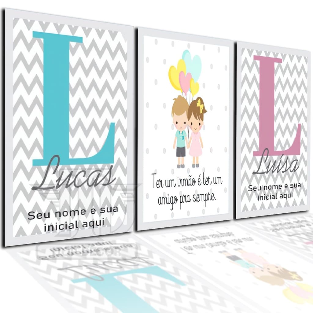 Quadros Decorativos de Parede Infantil Quarto Menino Menina Irmãos Personalizado Letra Nome ITOP02