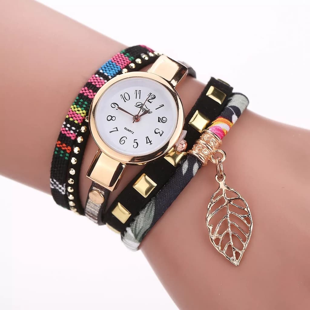Relogio Feminino Dourado Pulseira Preta Bracelete Pingente
