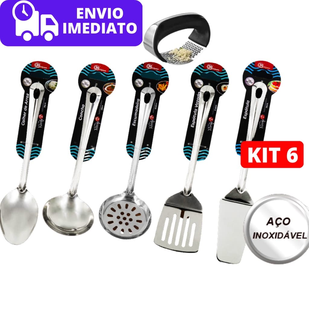 Jogo 07 Utensílios de Cozinha Linha Recife 100% Inox 21cm Com Amassador de Alho e Pegador