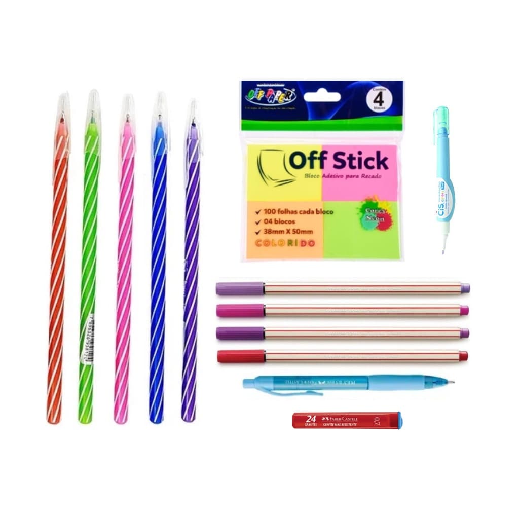 Kit Material Escolar Canetas Coloridas Spiro e Microline, Lapiseira, Grafit, Post-it e Corretivo