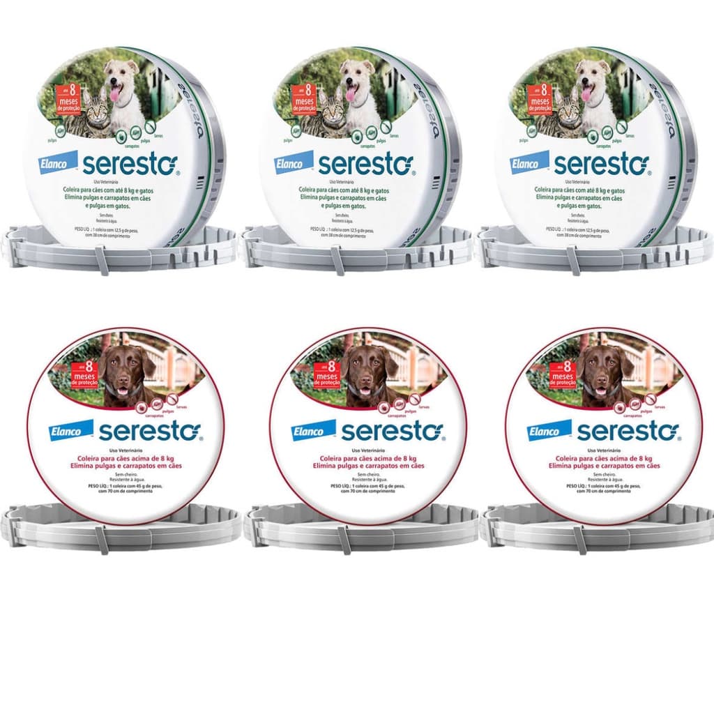 6 Coleiras Seresto AntiPulgas Cães 3 Acima 8 Kg 3 até 8kg