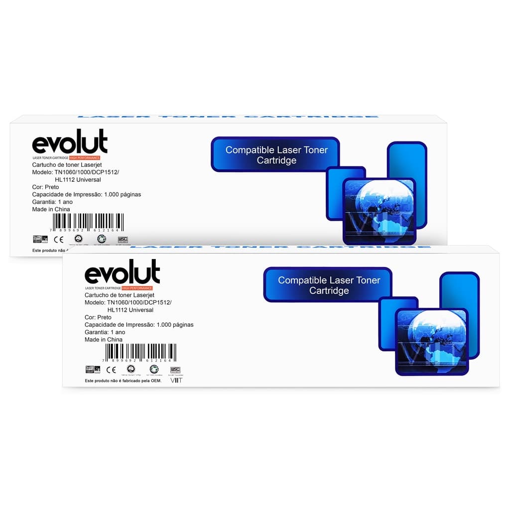 Kit 2 Cartucho Toner Compativel TN-1060, TN1060 p/ HL-1110 1112 1200 1212W DCP-1512, 1602 1617NW MFC-1810 1815 1900 1905