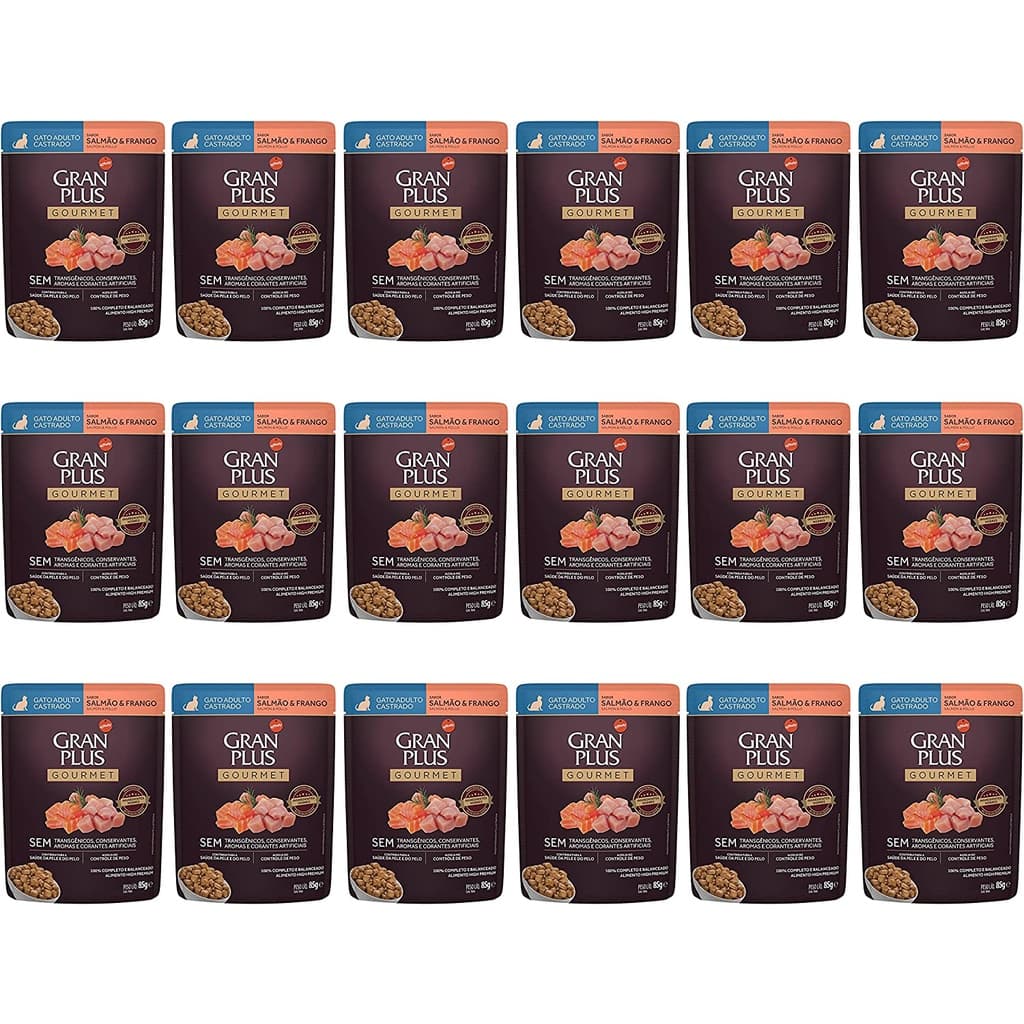 Caixa 18un Ração Úmida Sachê GranPlus Gourmet Gatos Castrados Salmão e Frango 85g