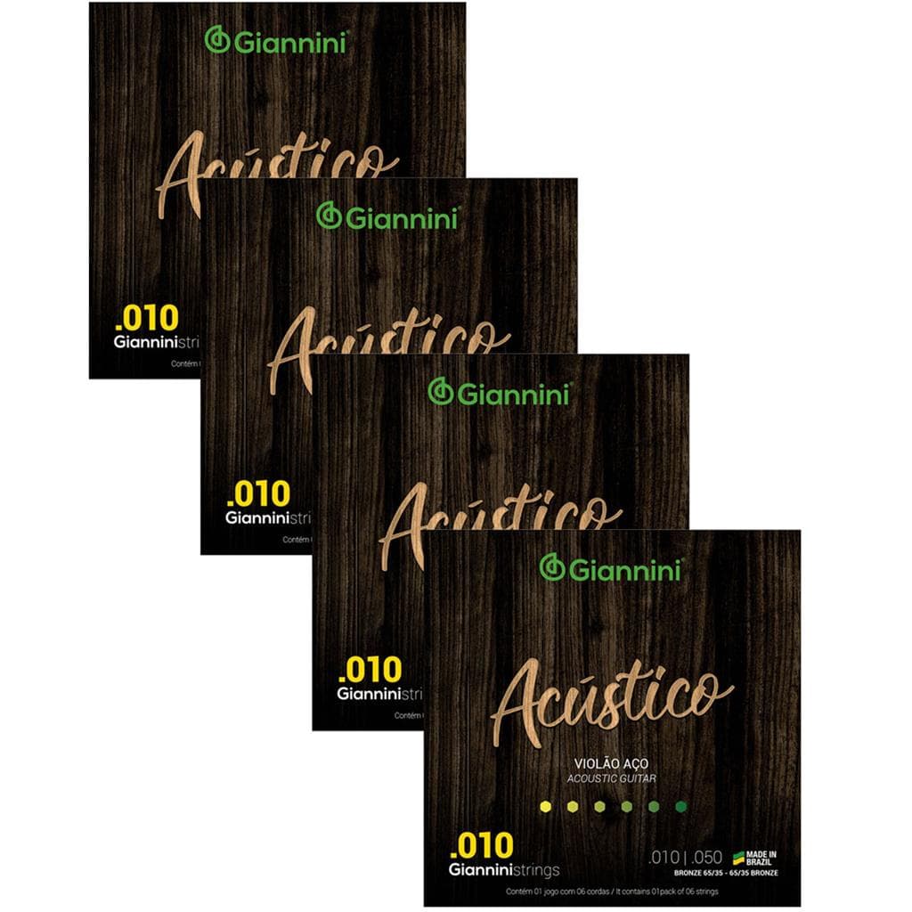 Kit Com 04 Cordas Encordamentos Giannini Linha Acustico Para Violao Aco 010