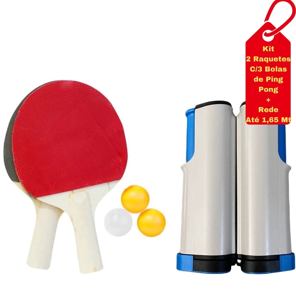 Raquetes Ping Pong/Tenis de Mesa C/3 Bolas + Rede Retrátil Encaixe Até 1,65 Metros Western