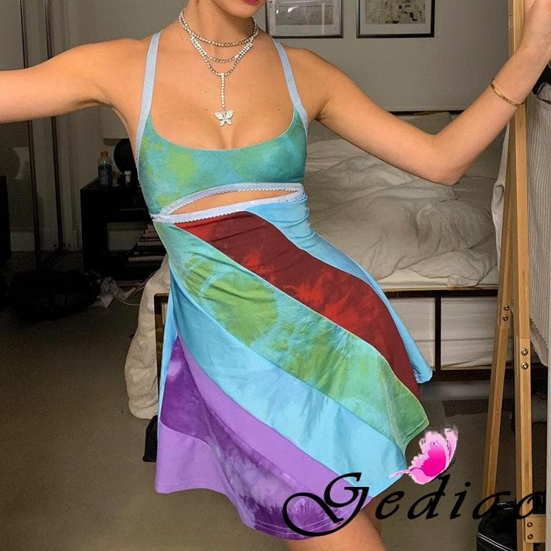 Et1-Vestido Casual Suspensório Feminino Linha A Moda Cor Contraste Em U Curto Oco
