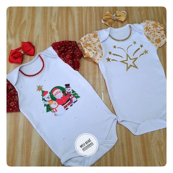 Body Meu Primeiro Natal e Réveillon Ano Novo Roupa Natalina para Bebê Infantil Menina Personalizado