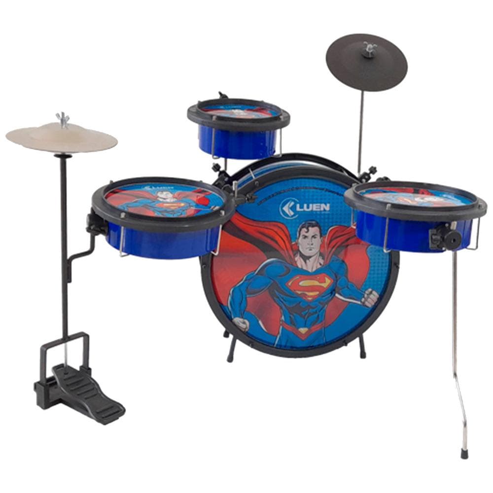 Bateria Infantil Luen Superman Azul Completa 5 Peças + Banco, Pedal e Baquetas — Presente Musical Infantil
