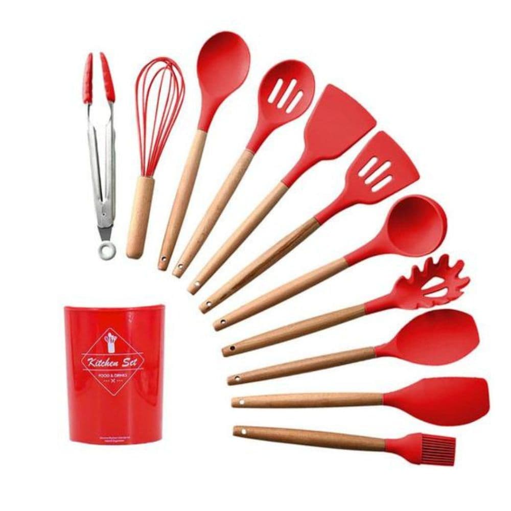 Kit 12 Peças Utensílios Cozinha Silicone Maciço Com Cabo De Madeira Colheres