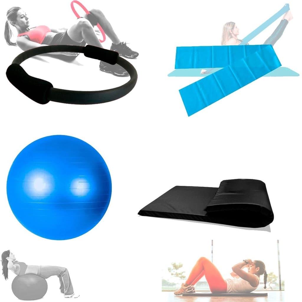 Kit Yoga Pilates Funcional Anel Standart + Faixa Médio + Colchonete Espuma + Bola 55 Suíça