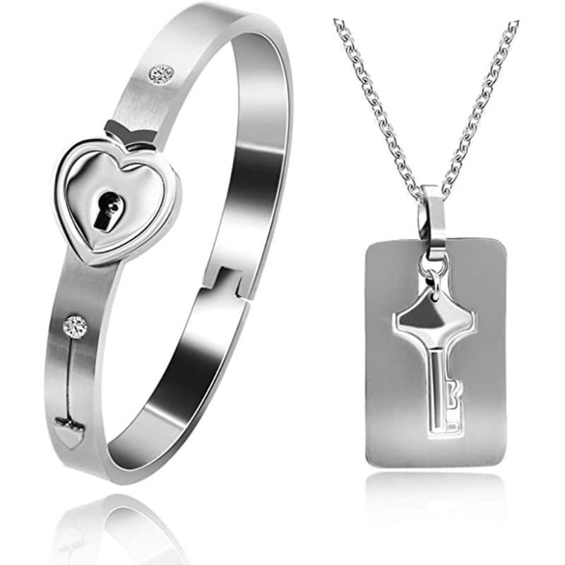 78/Pulseiras De Aço Inoxidável Com Fechadura Coração Do Amor Chave Pingente Colar Dia Dos Namorados Conjuntos De Joias Para Casal