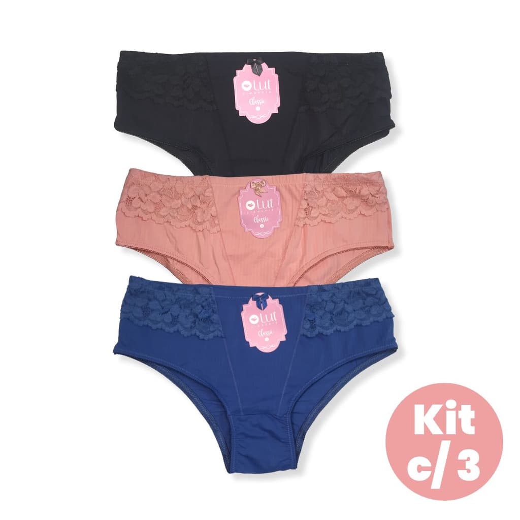 Kit c/ 3 Calcinha Cintura Alta Reforçada com Renda Lut