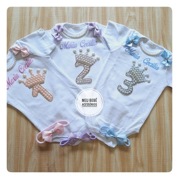 Kit 3 Bodys Mesversario Infantil Personalizado com Nome para Bebê Menina Roupa de Tema Temático para Criança