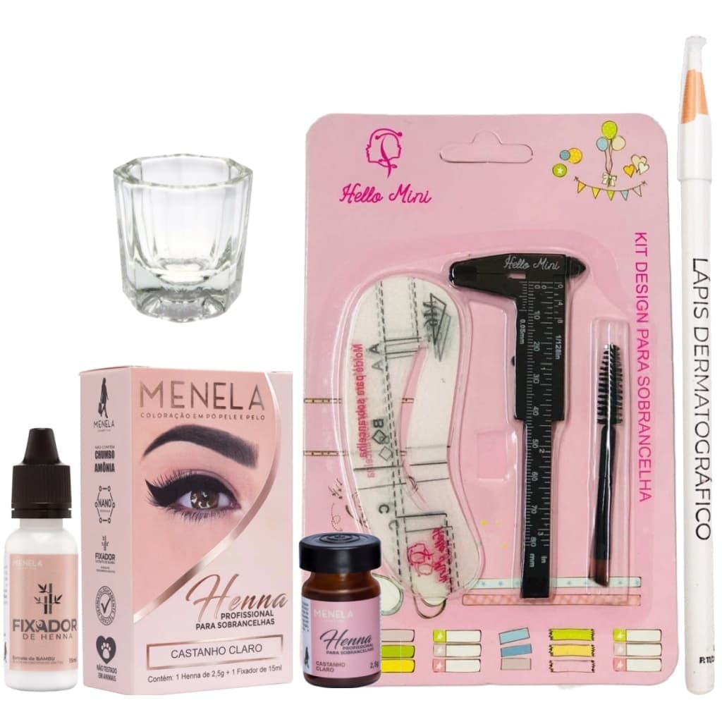 Henna Menela e Kit Designer Sobrancelha Lapis Pincel Dappen Paquimetro Moldes