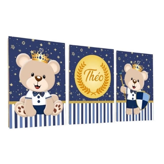 Quadros decorativos Urso principe personalizado com o nome do seu bebe infantil para o quarto do seu filho (a)