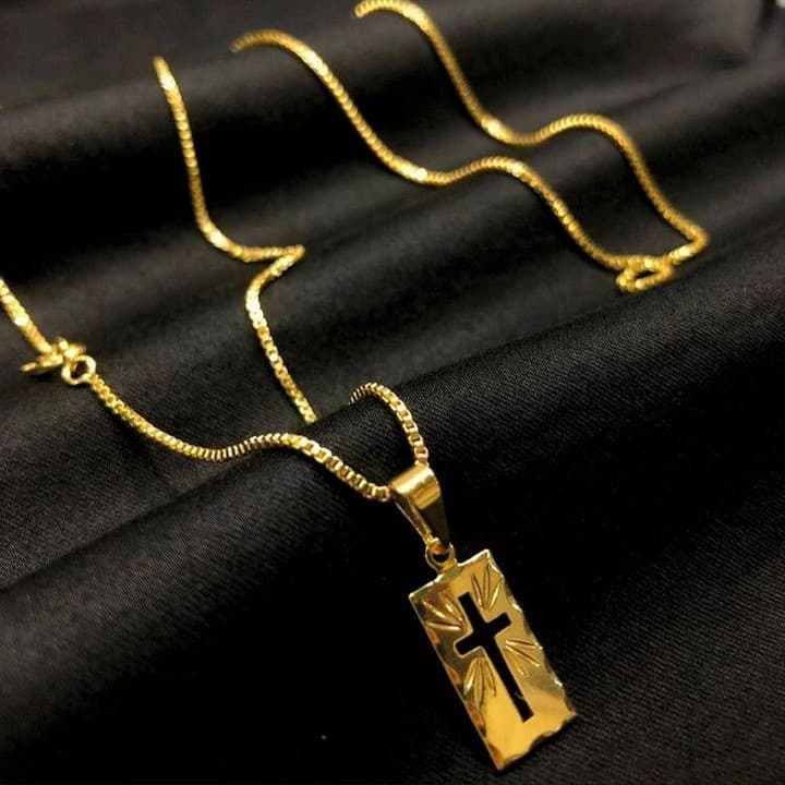 Corrente Veneziana + Pingente Plaquinha Cruz Vazada Banhado a ouro18k Colar Cordão Masculino Folheado