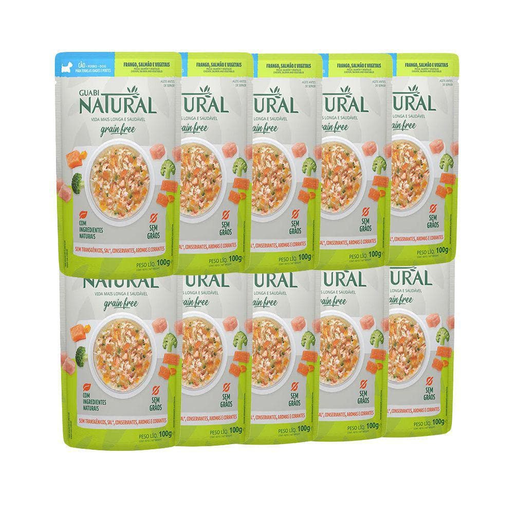 Caixa 18un Ração Úmida Sachê Guabi Natural Grain Free Cães Adultos Salmão Frango e Vegetais 100g