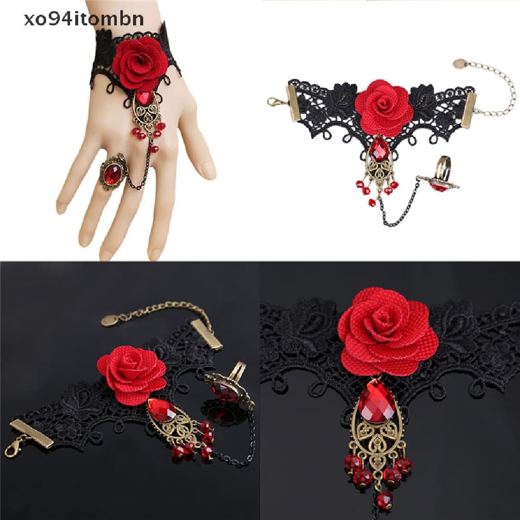itens Novo Elegante Estilo Gótico Pulseira De Renda Vermelha Rosa Com Anel De Dedo Ajustável