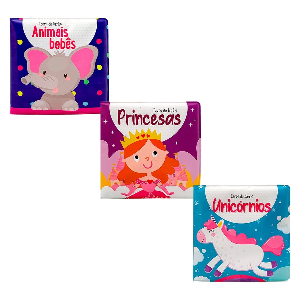 Kit Livro De Banho - Animais Bebês + Princesas + Unicórnios - Com Apito Infantil