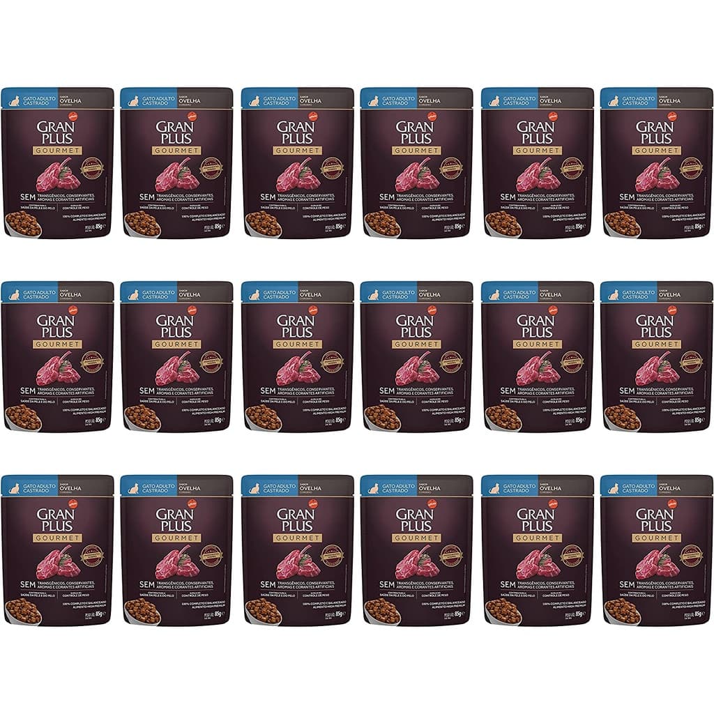 Caixa 18un Ração Úmida Sachê GranPlus Gourmet Gatos Castrados Ovelha 85g