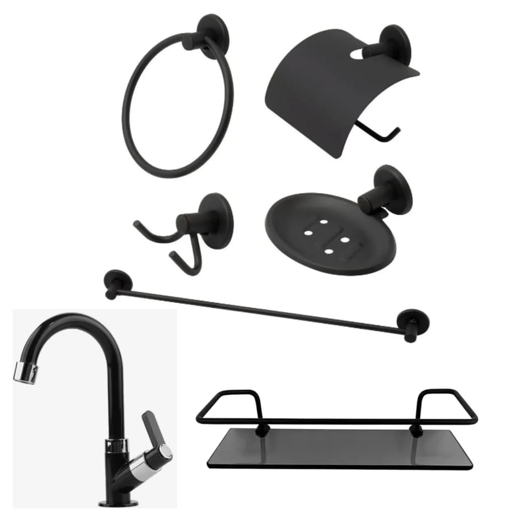 Kit Banheiro Preto + Torneira Lavatório Abs + Porta Shampoo Reto