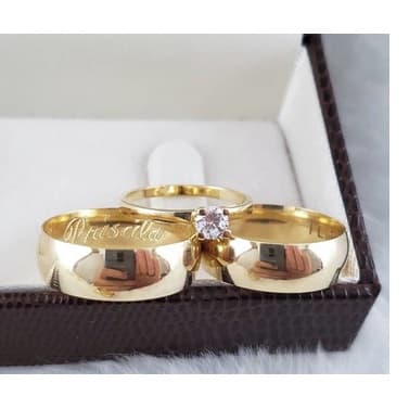 Par Aliança Casamento Noivado Arredondada 6mm Folheada Banhada Ouro + Solitário MOEDA ANTIGA!!!!