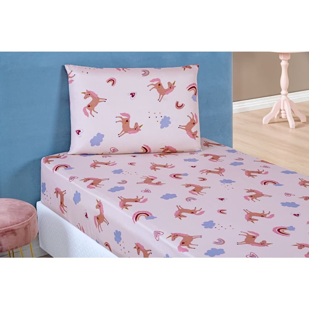 Lencol Para Cama de Solteiro Infantil Menina Unicornio 2 Pcs