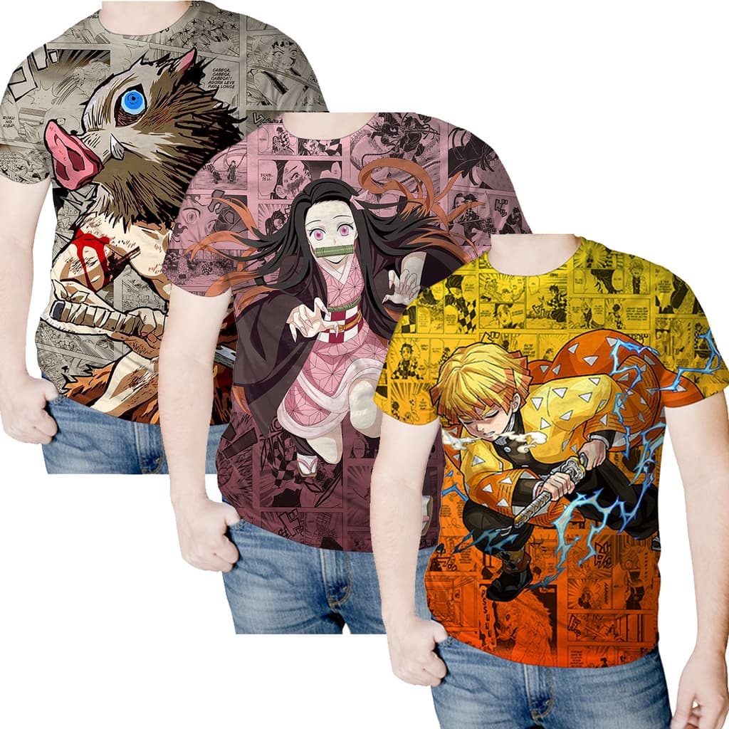 Kit 3 Camiseta Demonslay Nezuko Zenitsu Inosuke 3D