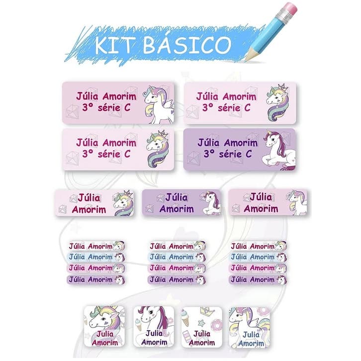 Etiquetas Escolar Personalizadas Kit Básico Unicórnio 118 un