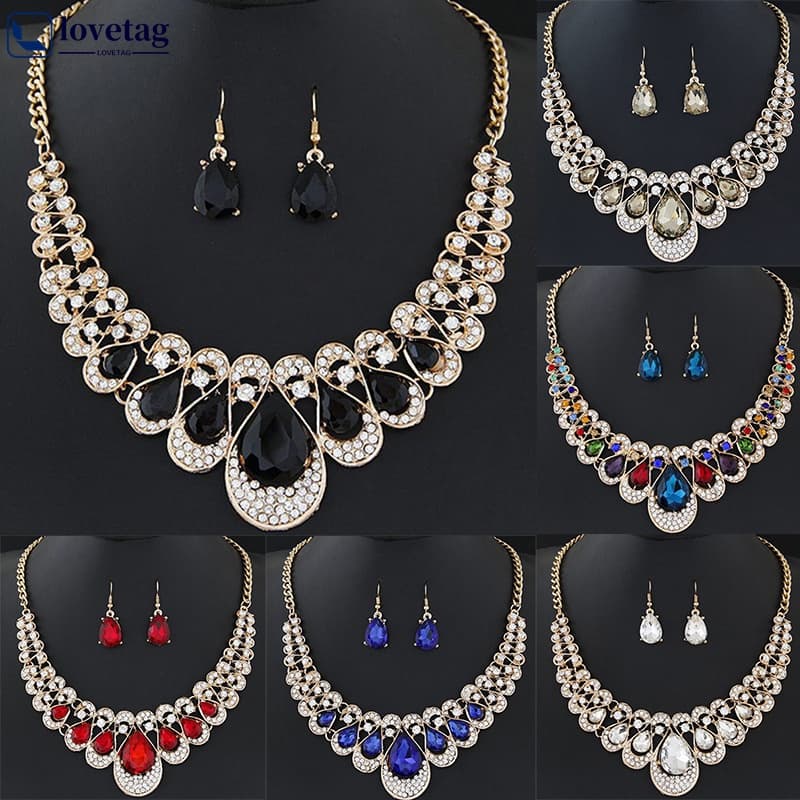 LT Moda Feminina Cristal Strass Declaração Pingente Colar Brincos Conjunto Gargantilha Corrente Jóias