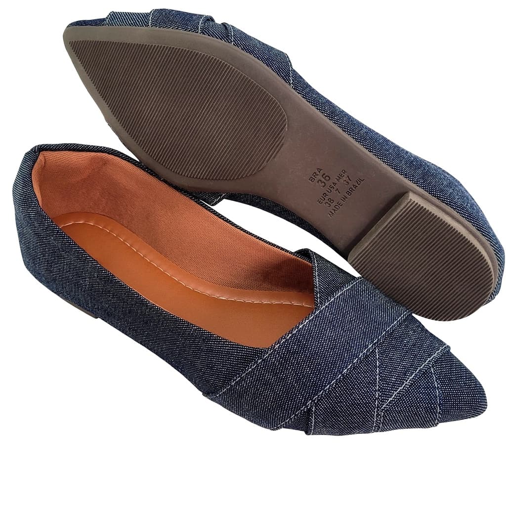 Sapatilha Bico Fino Feminina Rasteirinha Trançada Tiras Casual Confortável e Macia Jeans Sandália Feminino