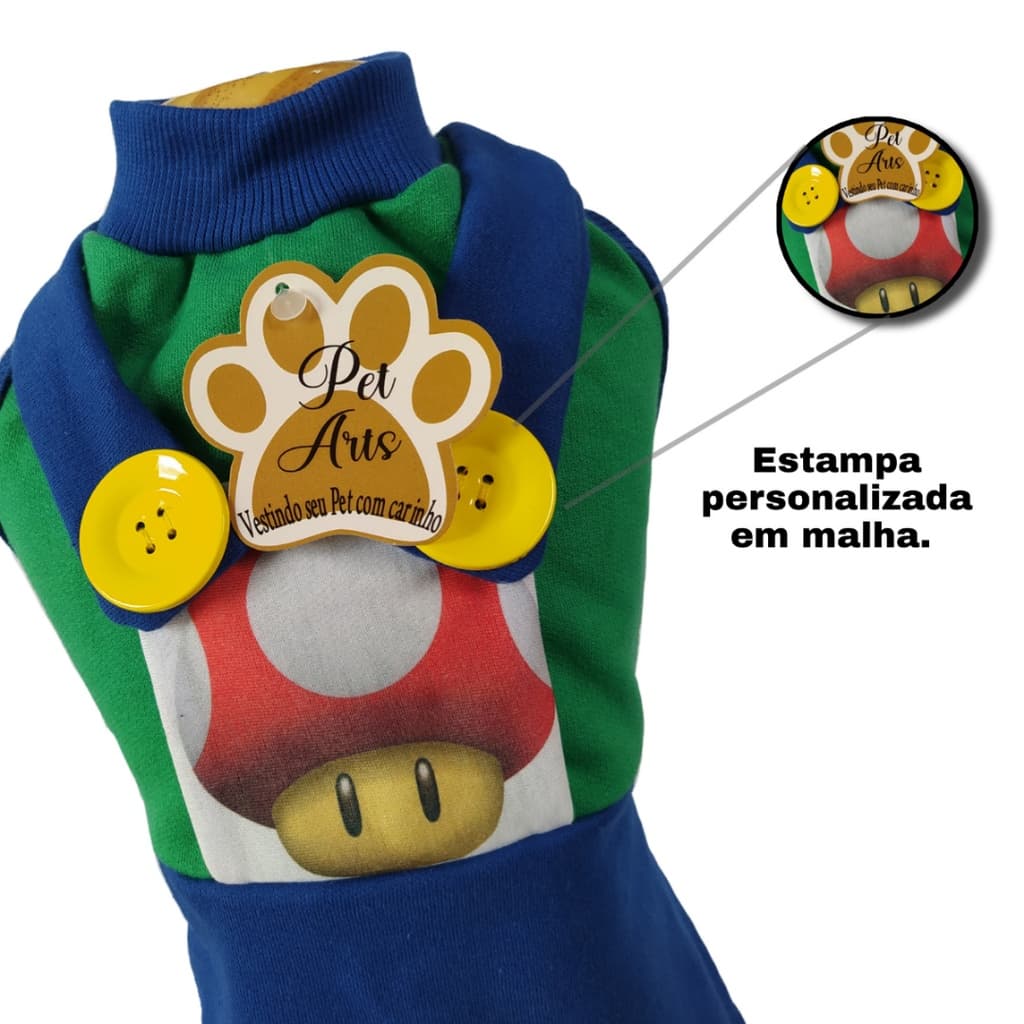 Roupa pet  Roupinha Pet Jardineira Luig mario bros fantasia pets cachorro gamer nerd geek