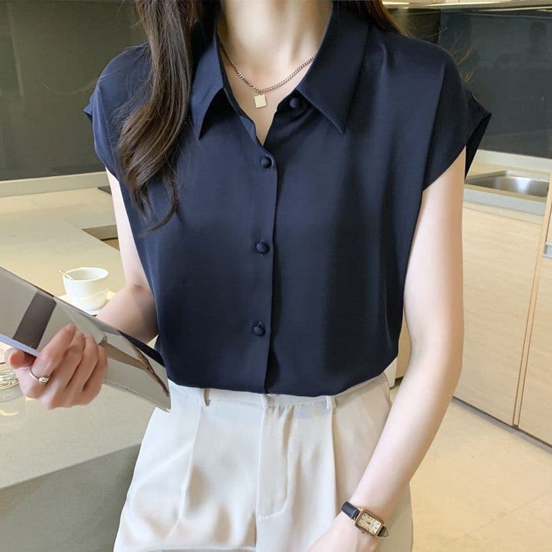 Camisa feminina mais magro olhar Chiffon manga curta topo camisa profissional estilo fino