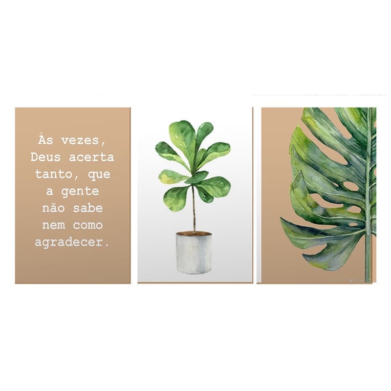 Trio de Quadros Bege Folhagens Frases Deus