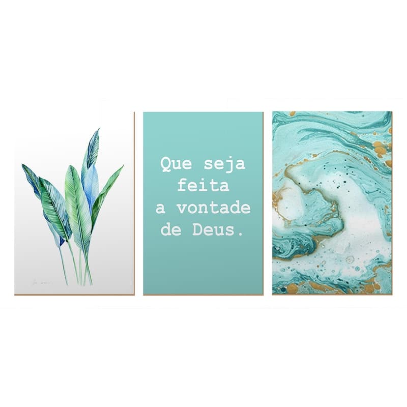 Kit 3 Quadros Decorativos Azul Mármore Folhagem Frase Deus