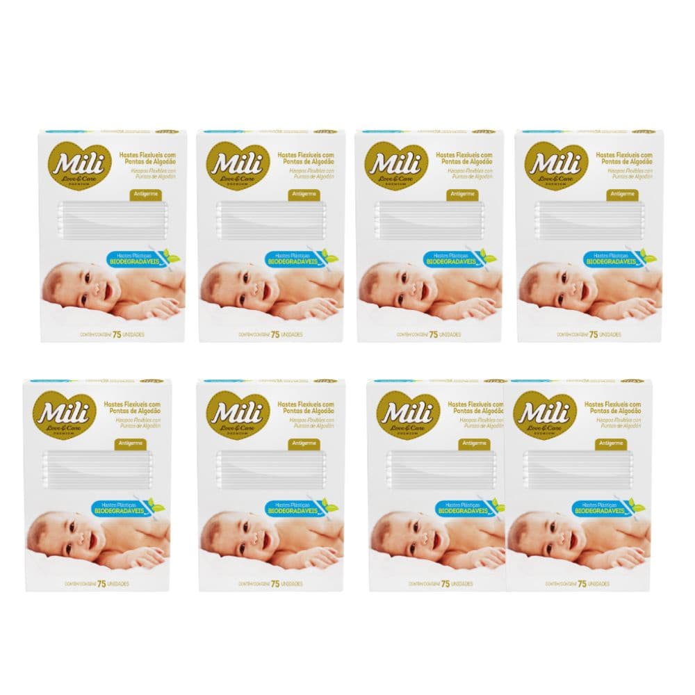 Cotonete Haste Flexiveis 8 caixas c/ 75 Biodegradável  MILI (Total: 600 hastes transparente)