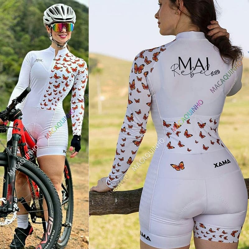 macacão ciclismo feminino branco verão longo gel calças ciclista laika borboleta