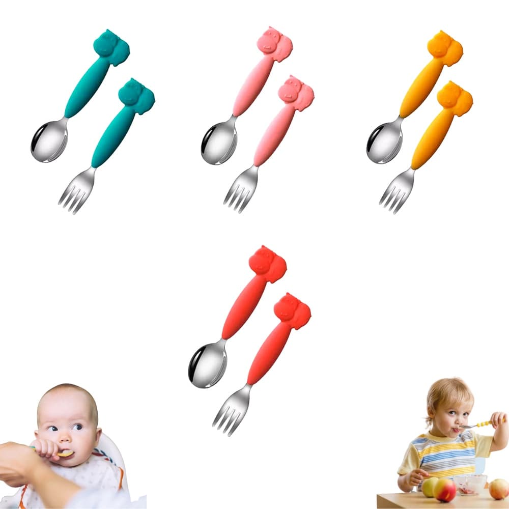 Talheres Infantil Colher Garfo Inox Introdução Aprendizado Alimentar Colorido Animaizinhos Flexível
