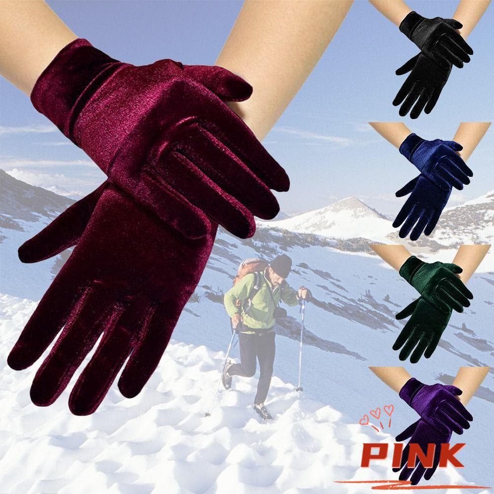 PINK1 Veludo Luvas De Dedo Completo Espessura Cor Sólida Outono Inverno Mittens