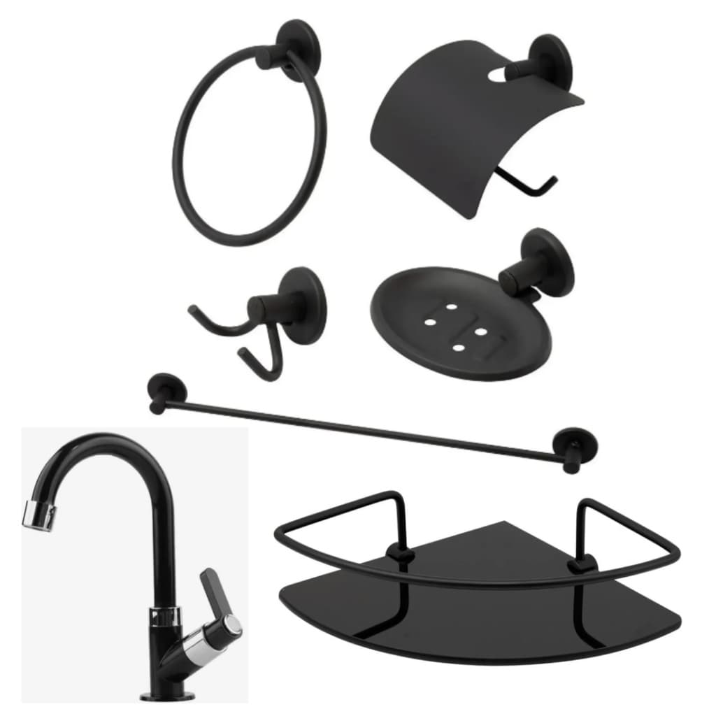 Kit Banheiro Preto + Torneira Lavatório Abs + Porta Shampoo Canto