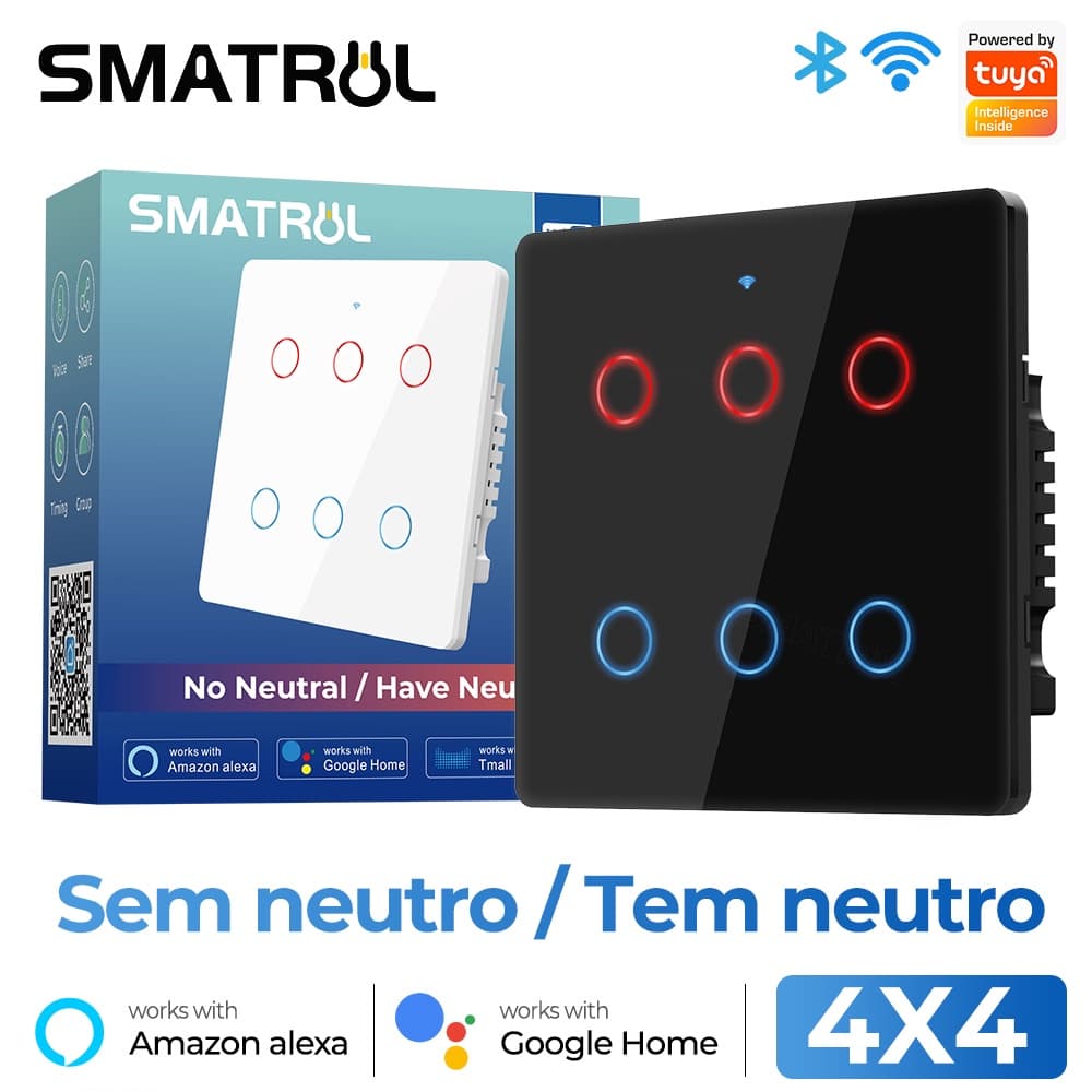 SMATRUL Sem Fio Neutro Brasil 4x4 Tuya WiFi Interruptor De Luz Inteligente 6 Gangues Parede 110-240V Painel De Tela APP Trabalho De Voz Com Alexa Google Home