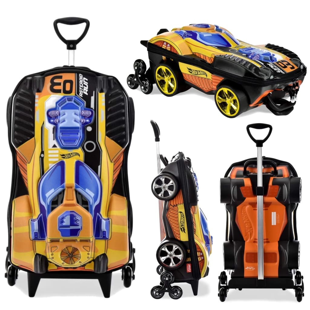 Mochila Bolsa Escolar Formato De Carrinho Hotwheels Dourada Rodinhas