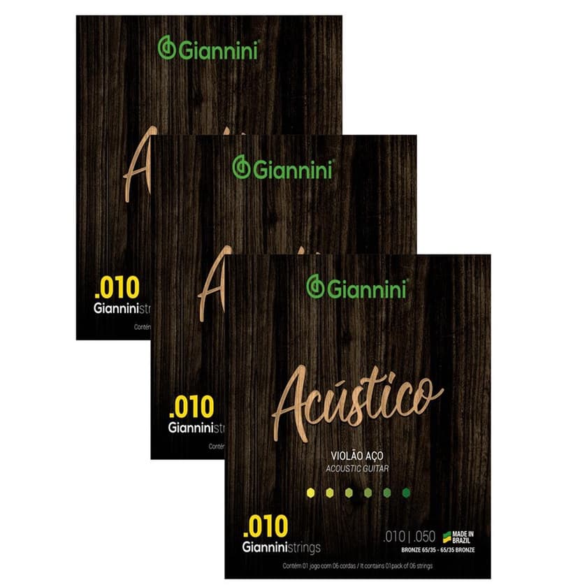 Kit Com 3 Cordas Violao Aco Giannini Acustico 010