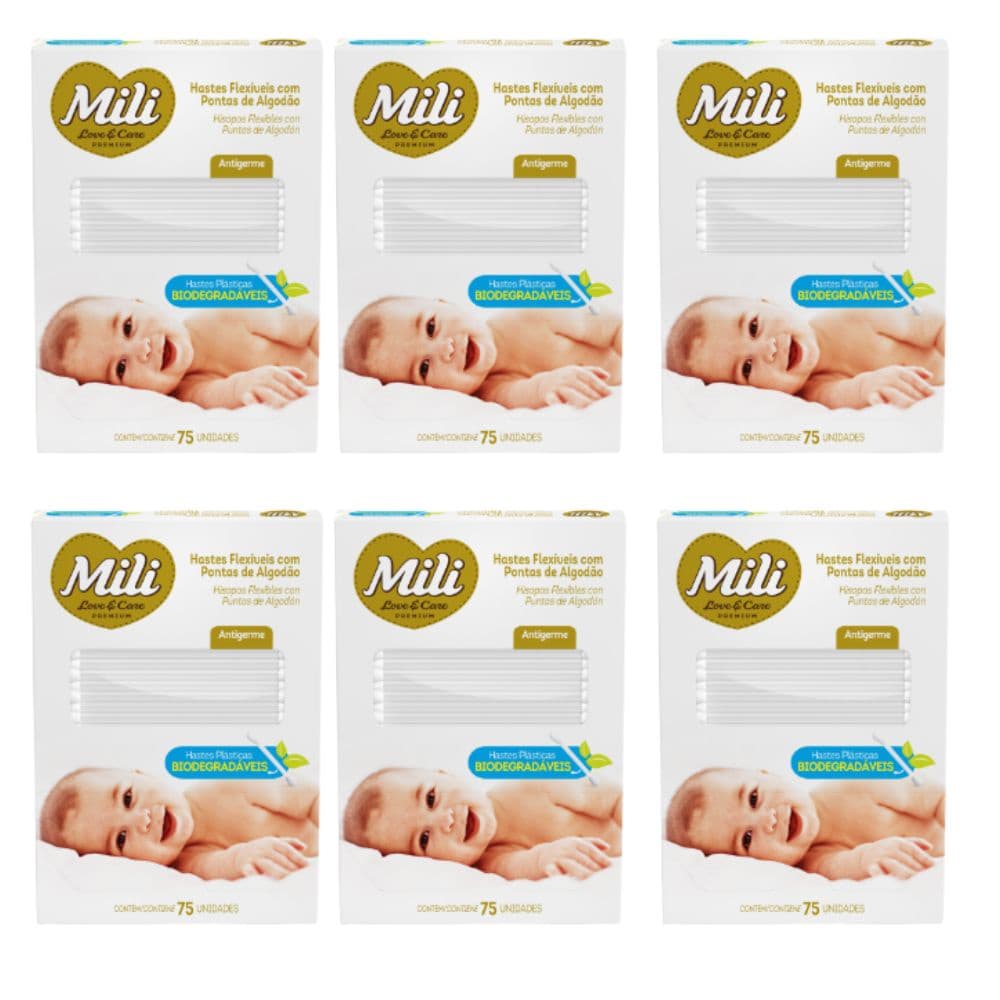 Cotonete Hastes Flexiveis 6 caixas c/ 75 Biodegradável  MILI(hastes transparente)