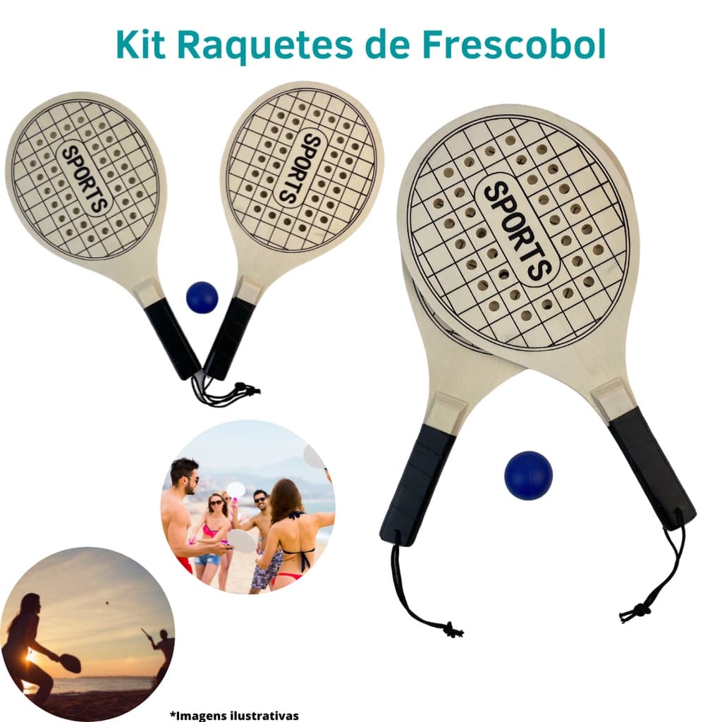 Kit Frescobol Praia 2 Raquetes e 1 Bolinha Borracha