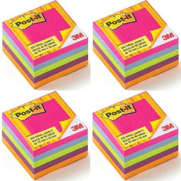 Kit com 4 POST-IT Cubo Tropical 654 76MM X 76MM com 450 Folhas 3M