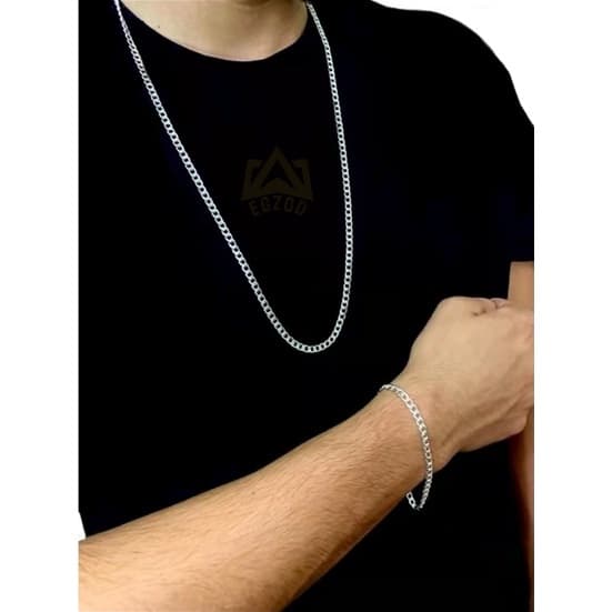 Corrente Cordão Com Pulseira Banhado Prata colar aço inox Masculina 60Cm-70cm 4mm